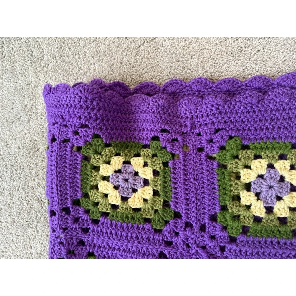 Groovy Granny Square Handmade Crocheted Afghan Throw Blanket 48x70 Purple Green